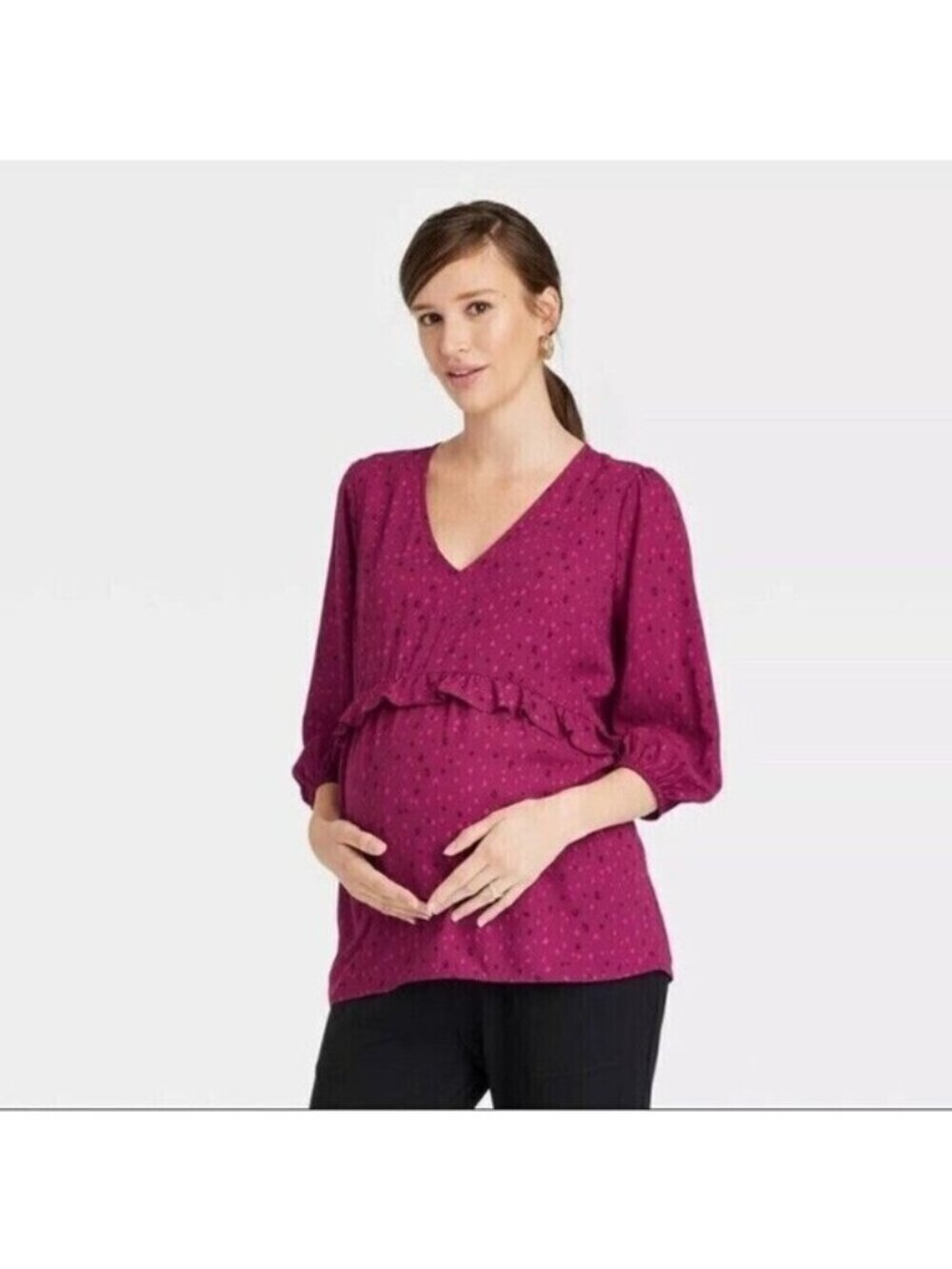 Ingrid & Isabel Maternity 3/4 Sleeve Ruffle Waist Woven Top Size XS